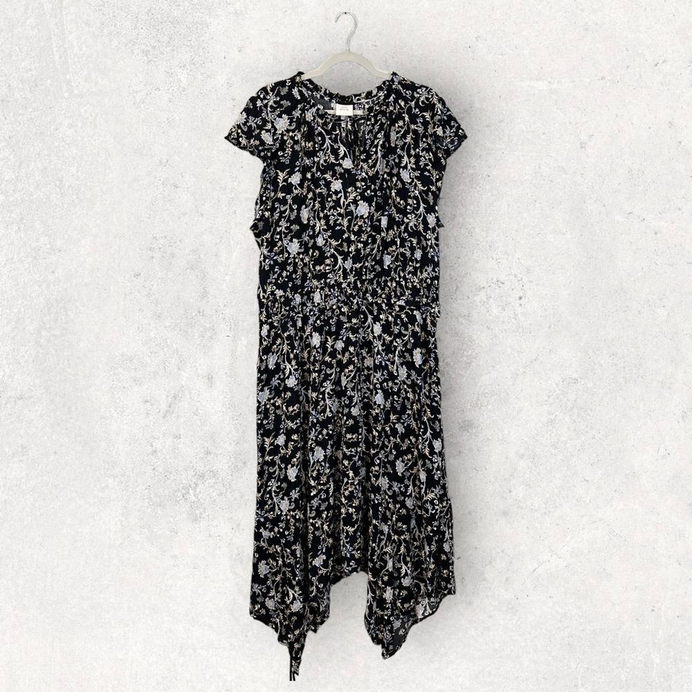 NWT Knox Rose Midi Dress Black Floral Print Tie Neck Smocked Waist, Size 2X